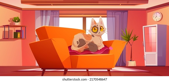 Living room with cute cat lying on pillow on sofa. Vector cartoon illustration of modern lounge interior with cabinet, shelf with books and funny furry kitten on couch