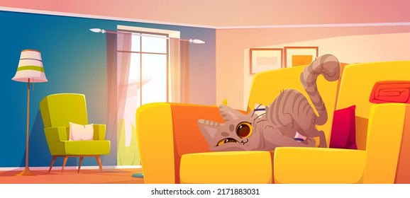 Living room with cute cat rubs against pillow on sofa. Vector cartoon illustration of modern lounge interior with yellow couch, armchair and funny tabby kitten on it