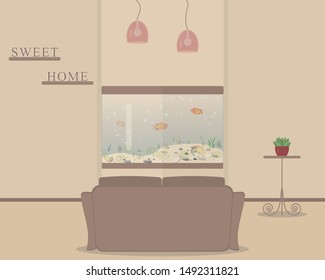 Living room with cute fish tank.Aquarium with fish as design element for interior of sitting room on cream background.Wooden decor letters on shelves: sweet home.Vector illustration