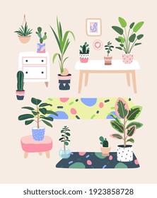 Living room decor. Home plants in flowerpot. Houseplants isolated. Trendy hugge style, vintage urban jungle. Hand drawn. Set collection. Green, pink, brown, beige, blue colors. Print, poster, banner.