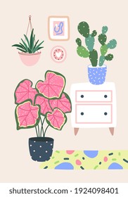 Living room decor. Home plants in flowerpot. Houseplants isolated. Trendy hugge style, vintage urban jungle. Hand drawn. Set collection. Green, pink, brown, beige, blue colors. Print, poster, banner.