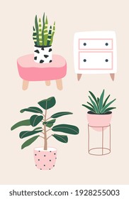 Living room decor. Home plants in flowerpot isolated. Hand drawn vector artwork. Set collection. Green, pink, brown, beige, blue, white colors. Print, poster, banner. 