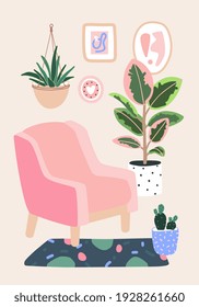 Living room decor. Home plants in flowerpot. Houseplants isolated. Trendy hugge style, vintage urban jungle. Hand drawn. Set collection. Green, pink, brown, beige, blue colors. Print, poster, banner.