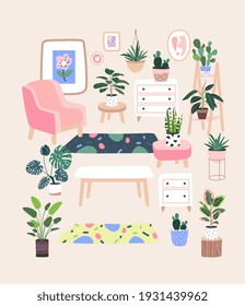 Living room decor. Home plants in flowerpot. Houseplants isolated. Trendy hugge style, vintage urban jungle. Hand drawn. Set collection. Green, pink, brown, beige, blue colors. Print, poster, banner.