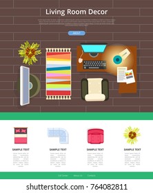 Living room decor web sample with text and icons of tv set, computer on table, lamp and papers above and bed, pink armchair below vector illustration
