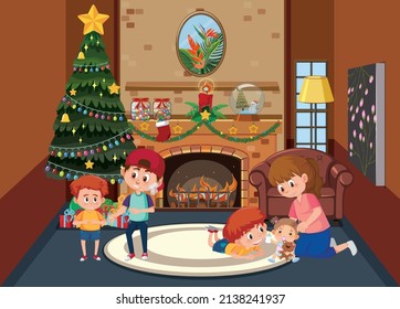 Living Room Decorated For Christmas With Family Members Illustration