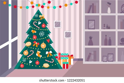 Living room decorated for christmas and new year. Vector New Year s interior in flat style. 