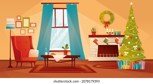 Living room decorated for Christmas and New Year. An empty armchair near a Christmas tree with gifts and a fireplace. Vector flat illustration