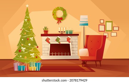 Living room decorated for Christmas and New Year. An empty armchair near a Christmas tree with gifts and a fireplace. Vector flat illustration