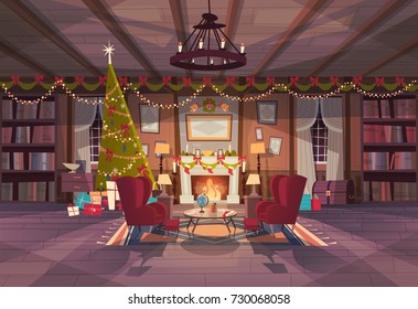 Living Room Decorated For Christmas And New Year, Empty Armchairs Near Pine Tree And Fireplace, Home Interior Decoration Winter Holidays Concept Flat Vector Illustration