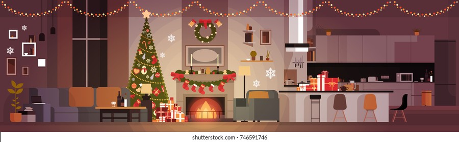 Living Room Decorated For Christmas And New Year Horizontal Banner Pine Tree , Fireplace And Garlands Holidays Home Interior Flat Vector Illustration