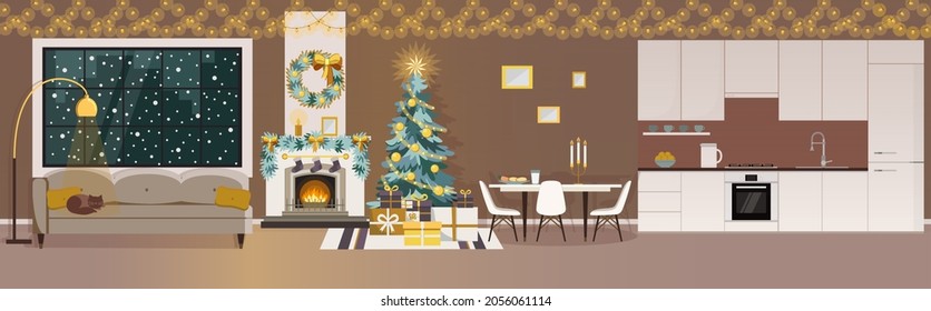 Living room decorated with christmas tree and fireplace. Christmas interior. Vector illustration in flat style