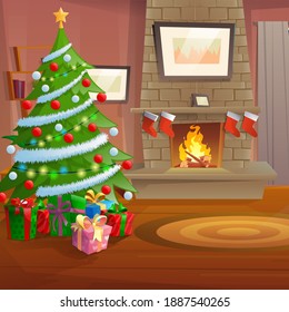 The living room is decorated Christmas. Winter holiday interior with armchair near fireplace and Christmas tree. Holidays, home, interior. Cozy house with a chimney fire. Vector illustration