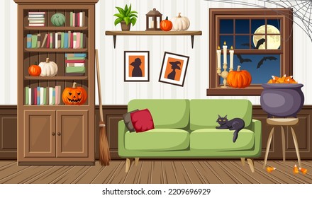 Living room decorated for Halloween. Halloween night interior. Vector cartoon illustration