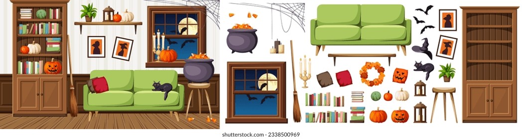 Living room decorated for Halloween. Halloween night interior. Furniture set. Interior constructor. Cartoon vector illustration