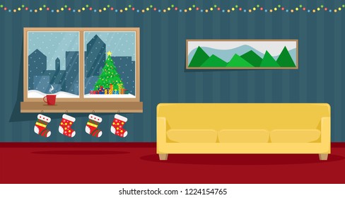 Living room decorated for the New Year. Christmas window overlooking the Christmas tree under the snow. Flat cartoon illustration.