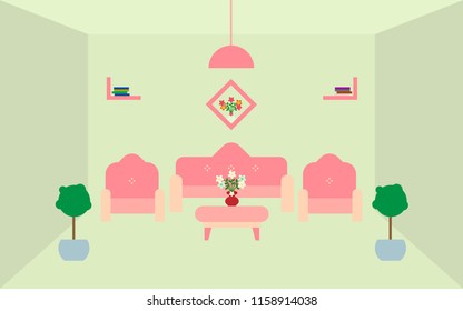 
Living room decorated with pink sofas, trees, lamps, vases and books.