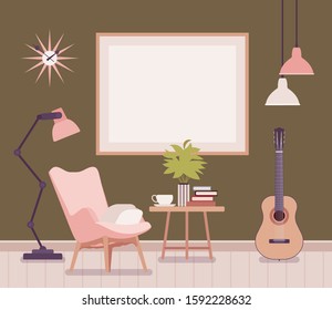 Living room decorating idea. Functional apartment, empty wall poster, armchair, lampstand, coffee table with cup, books and comfortable retro space to inspire. Vector flat style cartoon illustration