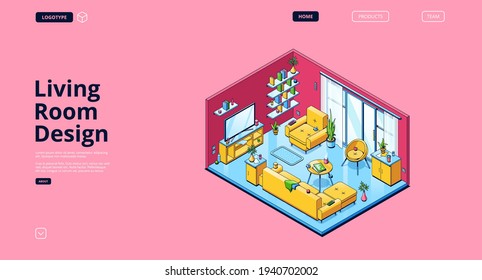 Living room design banner with isometric interior