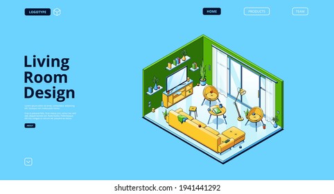 Living room design banner with isometric interior