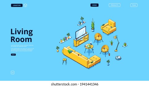 Living room design banner with isometric interior