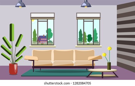 Living room design with bed, two windows and a table. Vector illustration in a flat style.