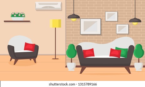 Living Room Design Flat Vector Illustration. Comfortable Indoor Interior Concept. Web Banner, Poster Idea. Sofa, Armchair, Pictures, Flower, Plant, Lamp, Air Conditioning. Hotel Apartment Decor Idea