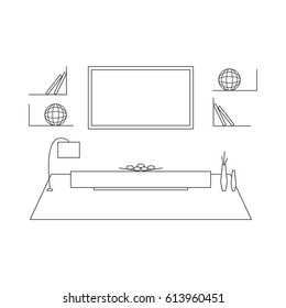 Living Room Design In High Tech Style. Modern Minimalism. Line Art. Mono Vector Illustration With Table, Carpet, TV, Lamp, Shelves, Books.