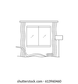 Living room design in high tech style. Modern minimalism. Line art. Vector illustration with chair, lamp, carpet, books, window.