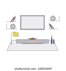Living room design in high tech style. Modern minimalism. Line art. Mono vector illustration with table, carpet, TV, lamp.