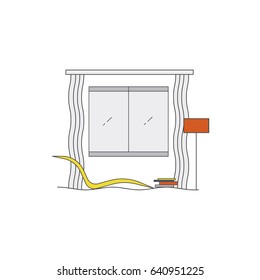 Living room design in high tech style. Modern minimalism. Line art. Vector illustration with chair, lamp, carpet, books, window.