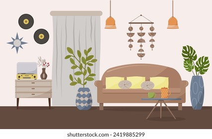 Living room design illustration. Sofa against the background of a window with a curtain. A stand with a player, decorative plants in pots and vases. Coffee table with cup and coffee pot. Modern