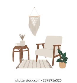 Living room design. Interior with armchair, coffee table, carpet, home plant. Home decoration. Design of a cozy home. Isolated vector illustration