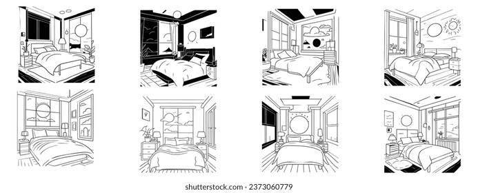 living room room design, interior of a cozy bedroom with furniture, coloring book, Bedroom retro interior. Hotel room with bed. Vector. Home space in line art. book coloring.