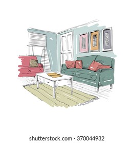 Living room design interior sketch. Hand drawn vector illustration