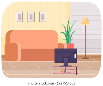 Living room design layout. Interior and arrangement of furniture in apartment vector illustration. Sofa, TV, shelf, potted plant for design at home. Living room decoration with interior elements