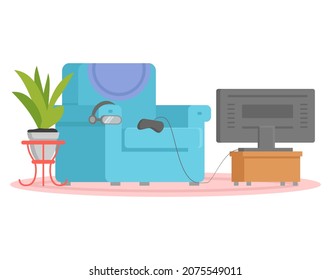 Living room design layout. Interior and arrangement of furniture in apartment. Chair, TV, game console, shelf, potted plant for design at home. Living room decoration with interior elements