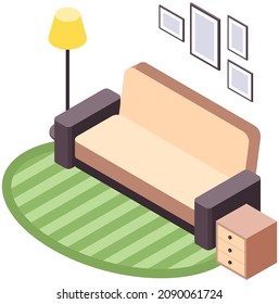 Living room design layout. Interior and arrangement of furniture in apartment vector illustration. Sofa, nightstand, pictures on wall for design at home. Living room decoration with interior elements