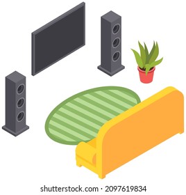 Living room design layout. Interior and arrangement of furniture in apartment place to relax. Vector sofa, TV, green plant in pot for design at home. Living room decoration with interior elements