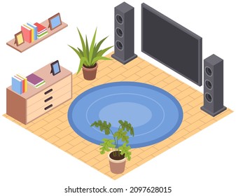Living room design layout. Interior and arrangement of furniture in apartment vector illustration. TV, home theater, pictures on wall for design at home. Living room decoration with interior elements