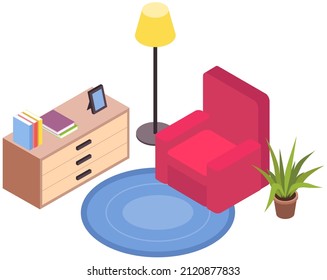 Living room design layout. Interior and arrangement of furniture in apartment vector illustration. Armchair, nightstand, plant in pot for design at home. Living room decoration with interior elements