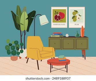 Living room design in mid-century modern. Interior scene in retro style. House room with fashionable furniture and home decor like houseplants, vases, and lamps. Flat vector cartoon illustration.