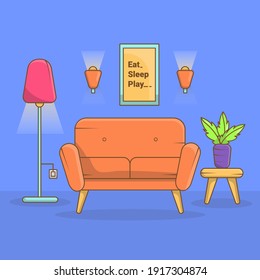 Living room design of modern with equipment furniture flat vector design. Modern room with a double sofa, lamp, and flower vector and illustration Concept

