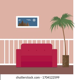 Living room design. Sofa and palm tree in the living room. Pink striped wallpaper. Pink sofa. Front view of the living room.