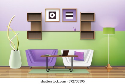 Living room design with table armchairs and shelves isometric vector illustration 