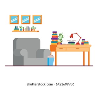 living room with desk and books