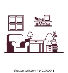 living room with desk and books