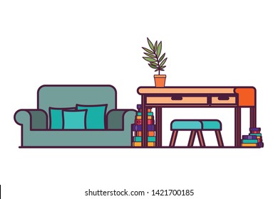 living room with desk and books