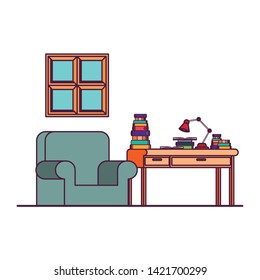 living room with desk and books