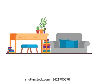 living room with desk and books